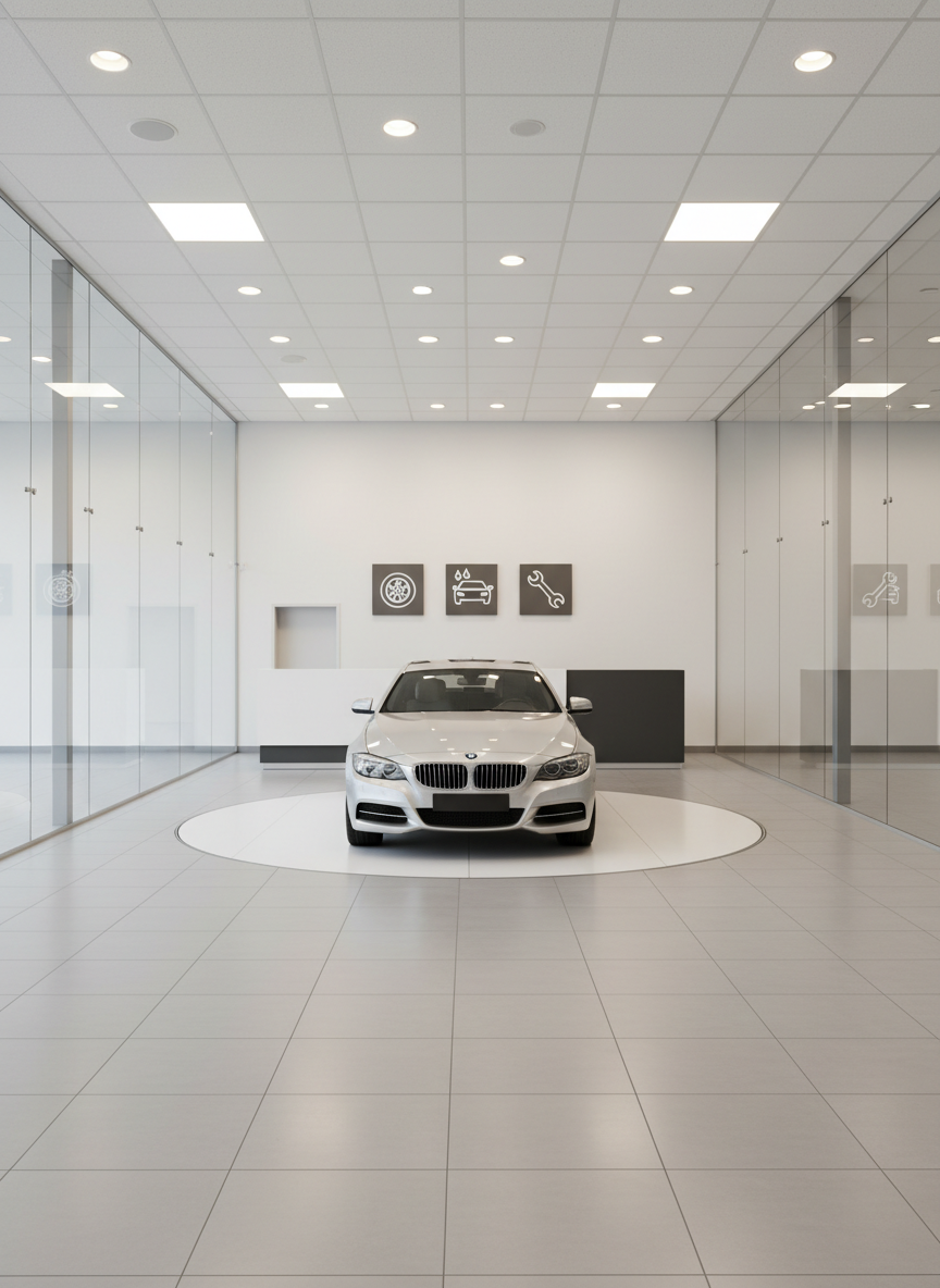 A sophisticated auto showroom and service reception area, empty of people, with a single silver sedan displayed on a slightly raised, matte white platform. The space features large-format light gray tiles, full-height glass walls, and a minimalist reception counter in white and anthracite in the background. Discreet signage with simple icons for tire service, car wash, and smart repair hangs on a clean wall, slightly out of focus. Soft, evenly distributed daylight pours in through the glass, complemented by recessed ceiling LEDs, creating a bright yet controlled ambiance. Shot from an eye-level, wide-angle perspective with balanced, symmetrical composition. The overall mood is calm, orderly, and corporate, communicating trust and professionalism for an auto service business.