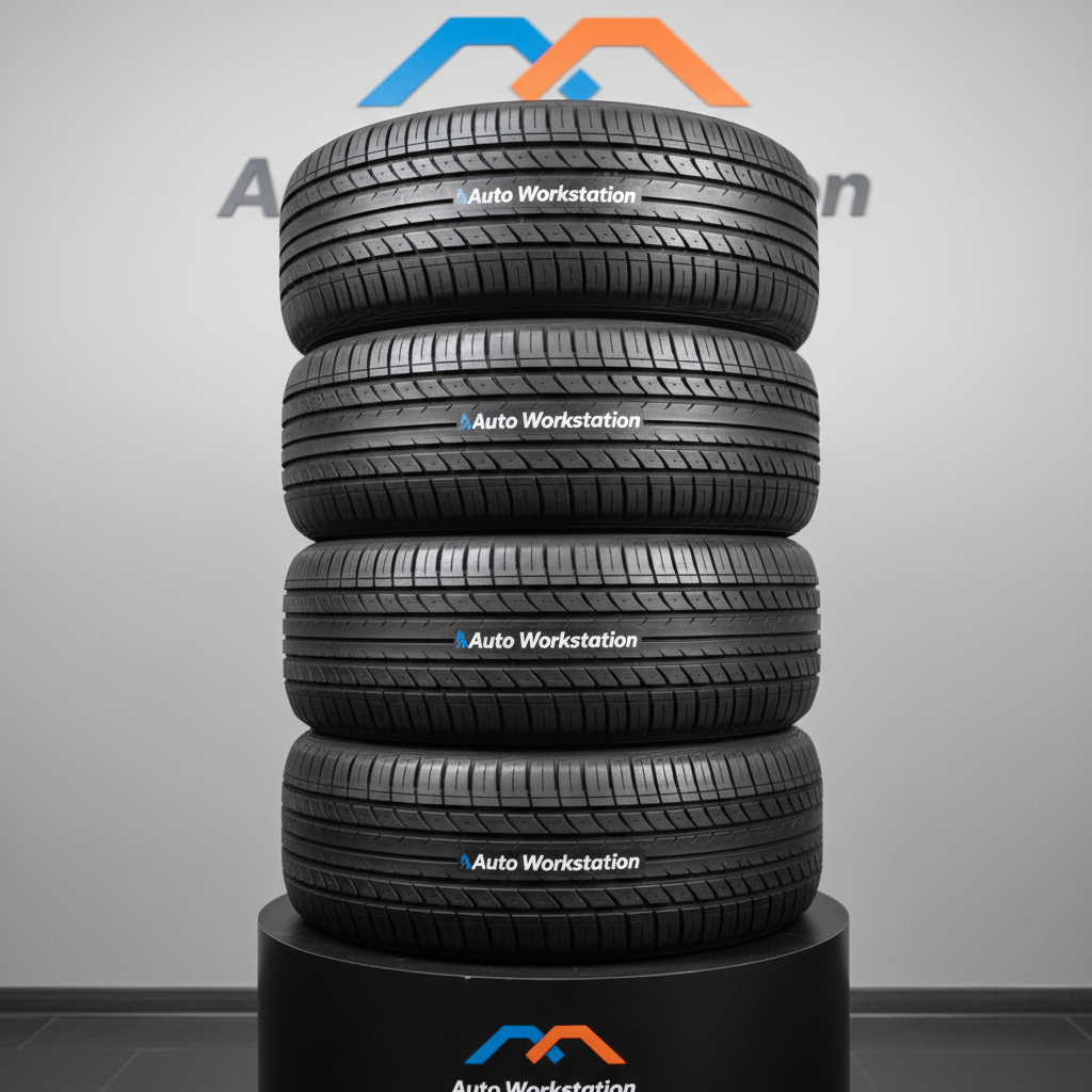 A close-up, photographic image of a stack of premium car tires with intricate tread patterns, arranged symmetrically on a matte black display stand in a pristine showroom corner. Each sidewall logo is perfectly aligned, the rubber surface clean with a subtle satin sheen. Behind, a smooth light gray wall features a minimal, blurred outline of the Auto Workstation logo colors. Soft, diffused studio-style lighting from above and slightly to the side creates gentle highlights on the tread edges and controlled shadows beneath the stand. Captured from a slightly elevated angle with shallow depth of field, the composition is balanced and structured, conveying precision, safety, and professionalism for a tire service section.