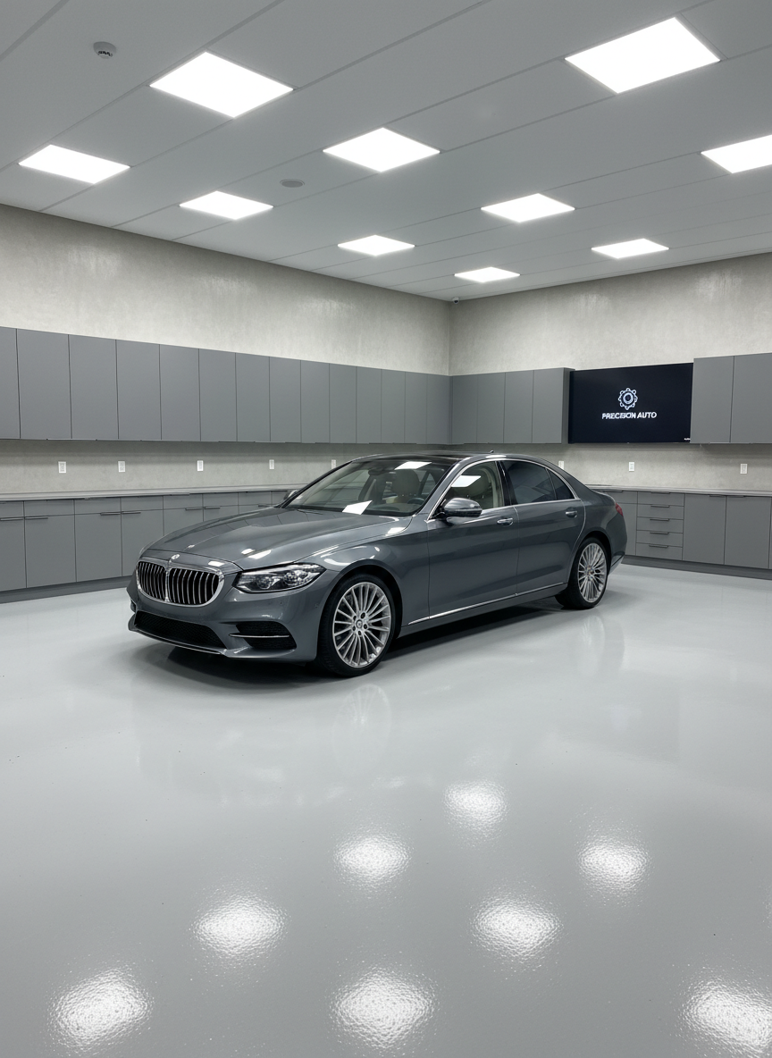 A meticulously organized, high-end auto service bay with a single dark metallic sedan centered on a spotless, light gray epoxy floor. Premium alloy wheels, flawless paintwork, and perfectly aligned body panels emphasize quality. Around the car, built-in wall cabinets in matte graphite house neatly arranged tools, all closed for a minimal, uncluttered look. Cool, even LED panel lighting from the ceiling illuminates every surface, casting soft, controlled shadows. Shot at eye level with a wide-angle lens, maintaining sharp focus from foreground to background. The mood is professional, efficient, and trustworthy, with a photographic realism and clean corporate aesthetic, ideal for a modern auto service brand homepage.
