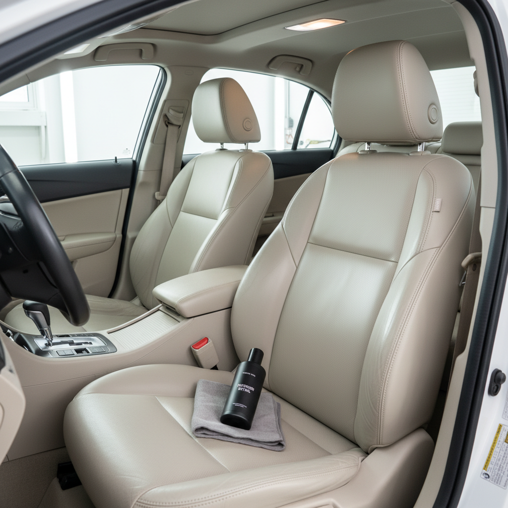 A bright, minimalistic interior car shot showing a freshly detailed, light beige leather cabin of a mid-range sedan. The seats appear smooth and conditioned, with neat stitching and no creases, the dashboard dust-free with subtle satin surfaces, and the center console polished yet glare-free. A sleek, neutral gray microfiber cloth and a closed bottle of professional interior cleaner rest on the passenger seat as secondary elements. Natural daylight filters softly through the windows, supplemented by gentle overhead workshop lighting, removing harsh contrasts. Captured from the rear passenger area looking toward the front, with balanced composition and moderate depth of field. The atmosphere communicates hygiene, comfort, and meticulous interior cleaning, rendered with photographic realism and a clean, corporate aesthetic.