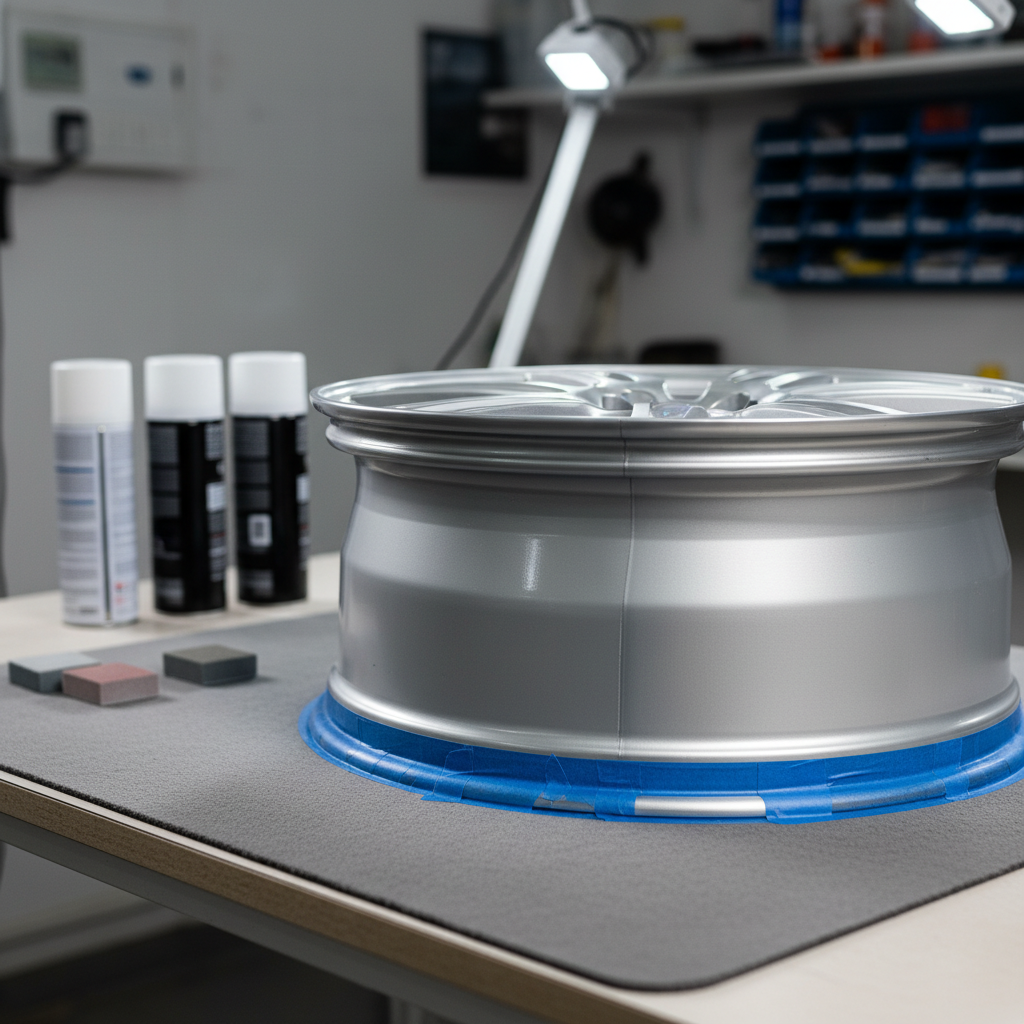 A precise close-up of an alloy wheel undergoing smart repair, positioned on a spotless workbench covered with a neutral gray protective mat. The wheel features a previously damaged rim edge now masked with clean tape lines, while the repaired segment shows a flawlessly blended metallic silver finish. Beside it lie neatly arranged, closed spray cans and small sanding blocks, all aligned parallel to the bench edge. The background is a softly blurred, organized wall in light gray tones. Cool, focused LED task lighting from above highlights the metallic texture and subtle curvature of the spokes. Captured from a slightly angled side view with shallow depth of field, the mood is technical, meticulous, and professional, perfect for illustrating rim and scratch smart repair services.
